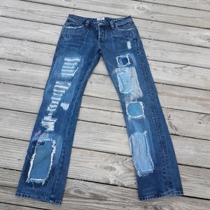 Vintage 90s Jeans Womens Straight Leg Patch Frayed Edge Distressed